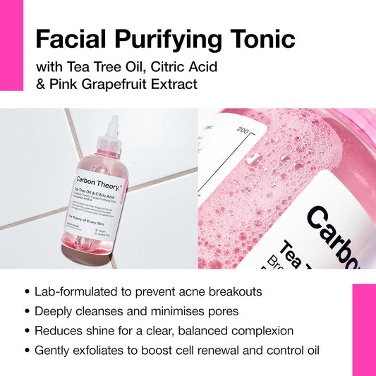 Carbon Theory | Tea Tree Oil & Citric Acid Breakout Control Facial Purifying Tonic With Pink Grapefruit | Natural, Vegan And Cruelty Free | 250Ml