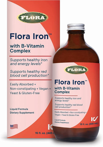 Flora Iron With B-Vitamin Complex - Helps Maintain Healthy Iron Levels - Non-Constipating, Highly Absorbable - Vitamin-B & Liquid Iron - Vegan Supplement - Yeast & Gluten Free, 15-Oz. Glass Bottle