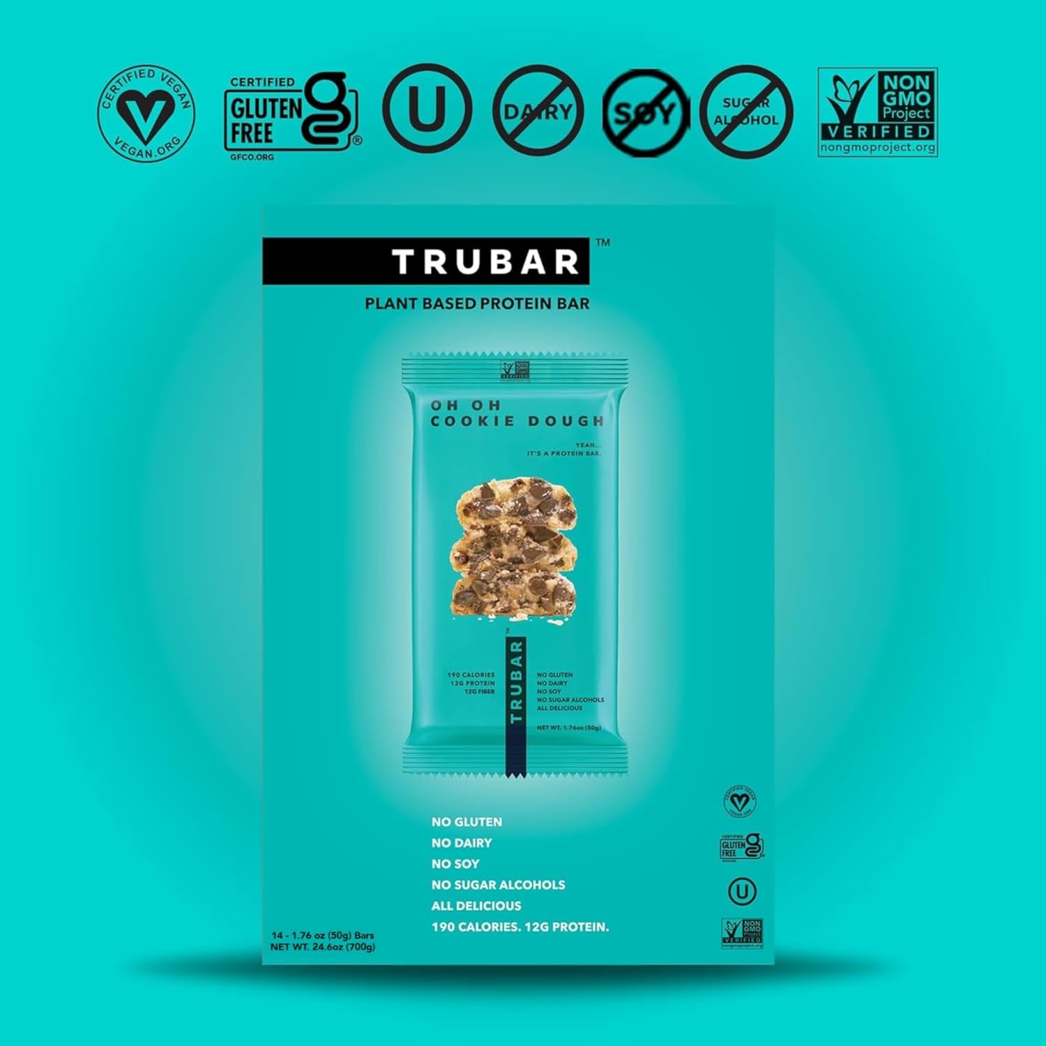 TRUBAR Vegan Protein Bar, Oh Oh Cookie Dough, Gluten Free, Plant Based Protein, Dairy Free, Non GMO, Soy Free, No Sugar Alcohols, 12G Protein, 13G Fiber, 23G Carb, Healthy on the Go Snack Bars, 14 CT