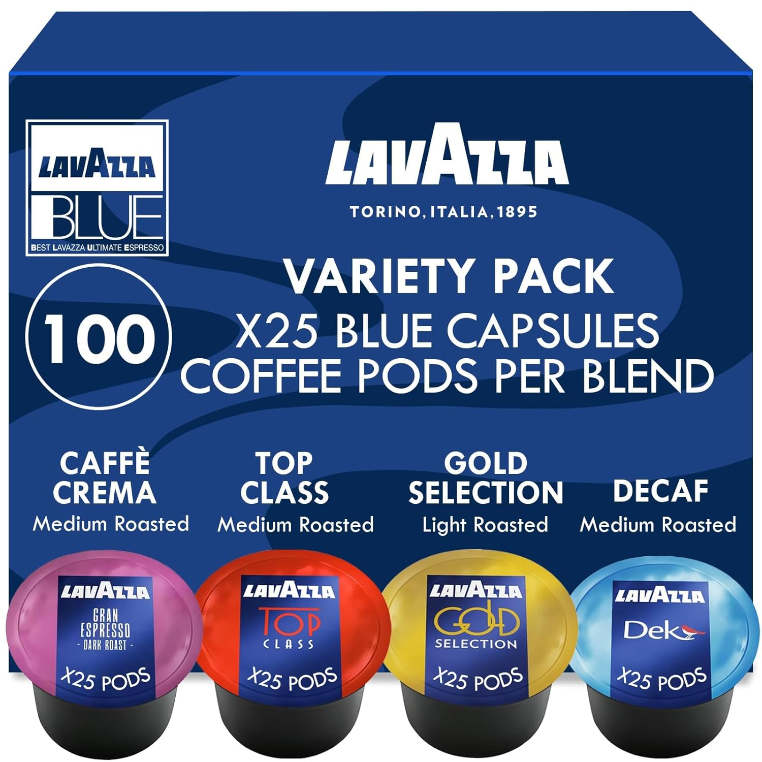 Lavazza Blue Capsules Coffee Pods, Best Value Variety Pack - Decaf Dek, Gran Espresso, Top Class, Gold for for Lavazza LB Machines (all types), 100-Count