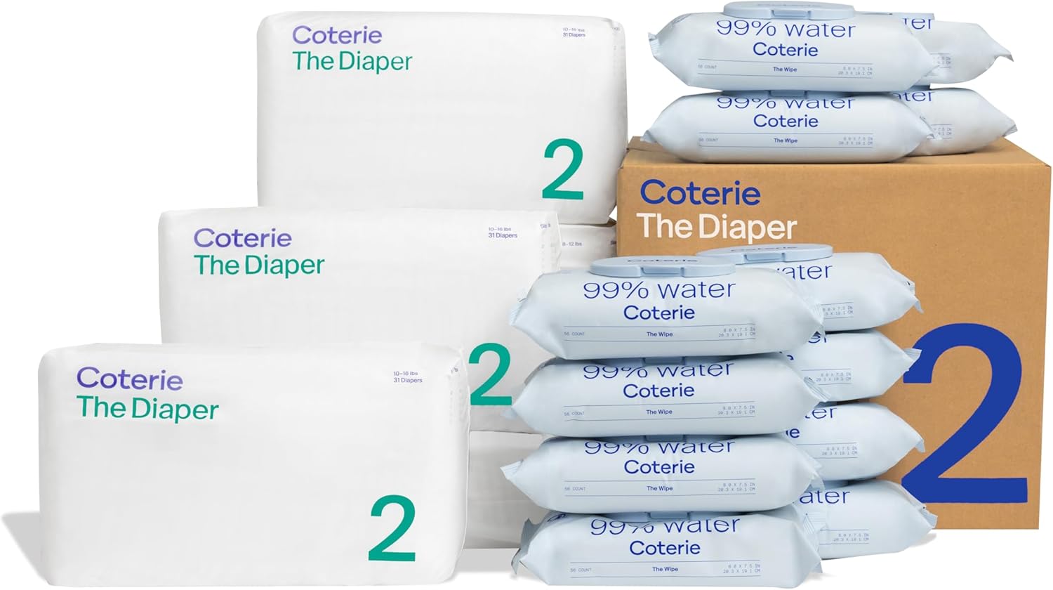 Coterie Baby Diapers + Wipes Baby Kit, Size 2 (186 Count) + 12 Wipe Packs (672 Wipes) Made With Plant Derived Fibers, Hypoallergenic, Designed For Sensitive Skin, Clean Ingredients