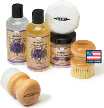 CLARK'S Cutting Board Care Kit - Includes Mineral Oil - Finishing Wax (6oz) - Applicator - Scrub Brush - Buffing Pad - Infused with Lavender and Rosemary Extract - Features Clark's Cutting Board Wax