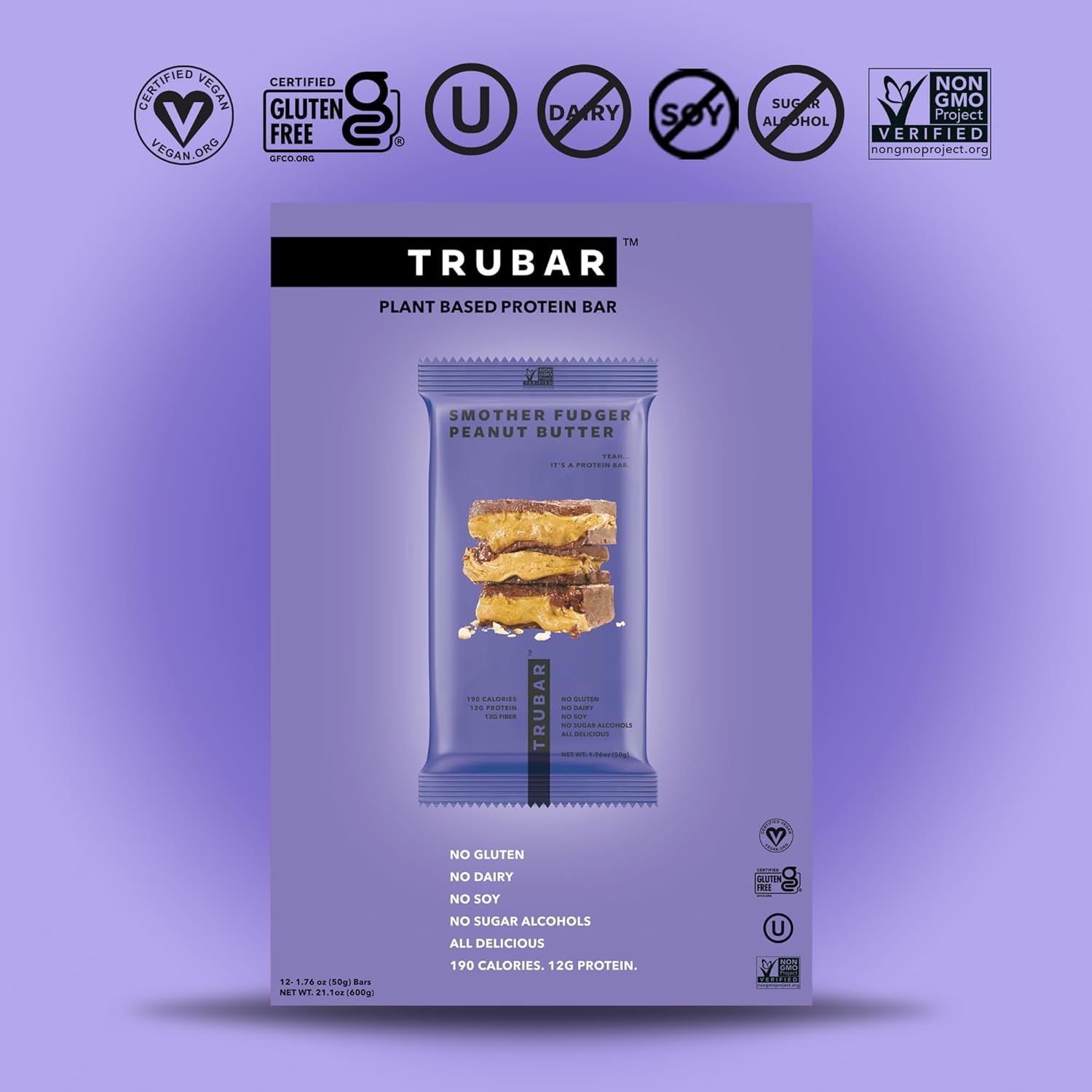 TRUBAR Vegan Protein Bar, Smother Fudger Peanut Butter, Gluten Free, Plant Based Protein, Dairy Free, Non GMO, Soy Free, No Sugar Alcohols, 12G Protein, 12G Fiber, Healthy on the Go Snack Bars, 12 CT : Health & Household