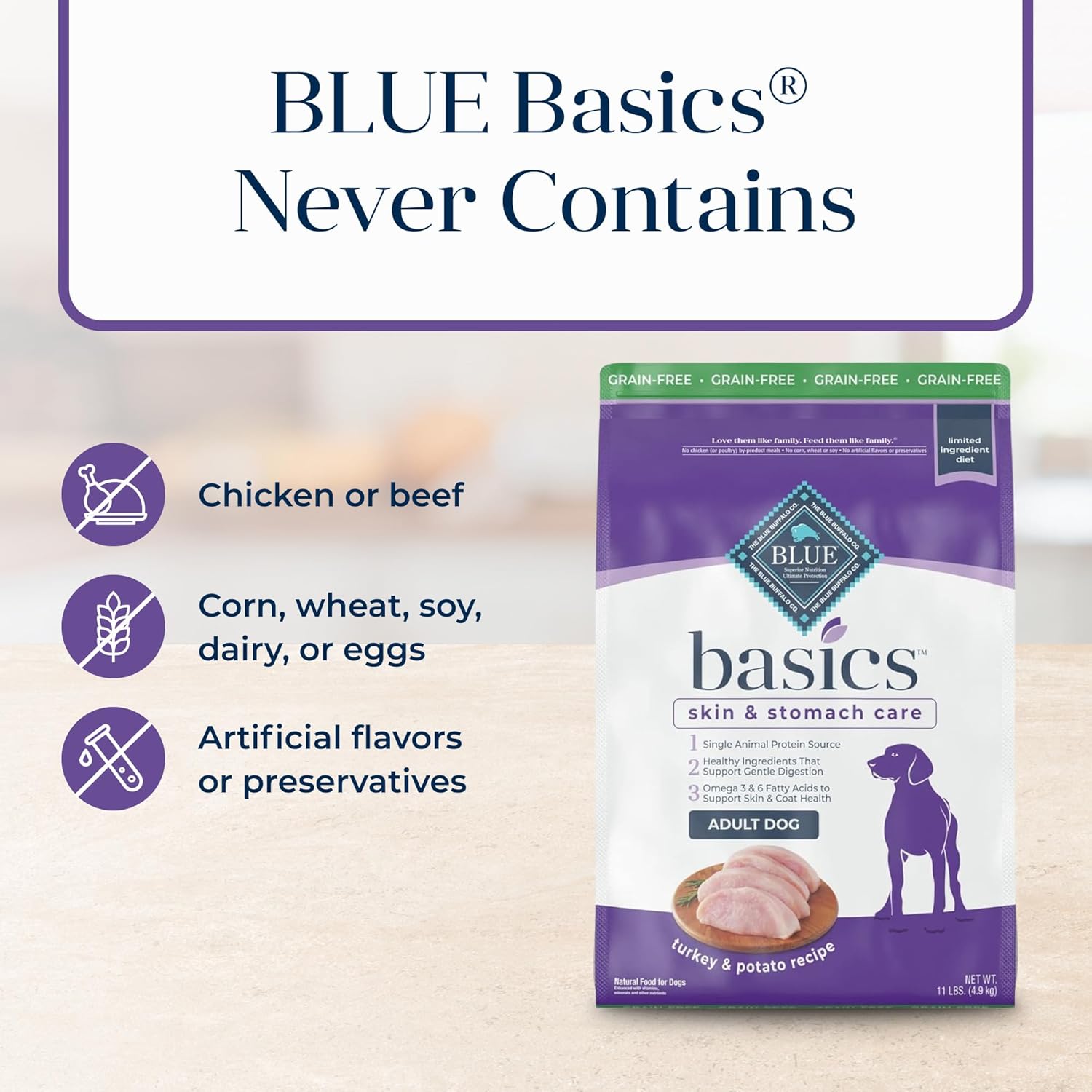 Blue Buffalo Basics Adult Grain-Free Dry Dog Food for Skin & Stomach Care, Limited Ingredient Diet, Made in the USA with Natural Ingredients, Turkey & Potato Recipe, 11-lb. Bag : Pet Supplies