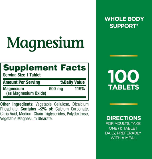 Nature'S Bounty Magnesium, Mineral Supplement, Supports Bone And Muscle Health, 500 Mg, Coated Tablets, 100 Count