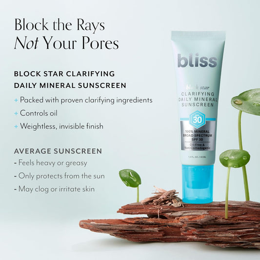 Bliss Block Star Clarifying Daily Mineral Sunscreen Broad Spectrum Spf 30, Blendable Pore Safe Formula For Blemish Prone Skin With Salicylic Acid And Witch Hazel, 1.4 Fl Oz