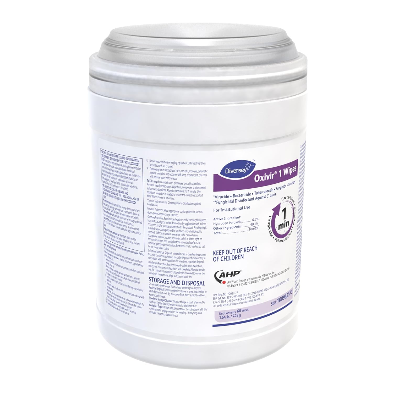 Diversey Oxivir 1 100962573 Disinfectant Wipes, Virucidal, Bactericidal, Tuberculocidal, Fungicide With Accelerated Hydrogen Peroxide, Unscented, 60 Large 10"X10" Wipes, 1-Canister : Health & Household
