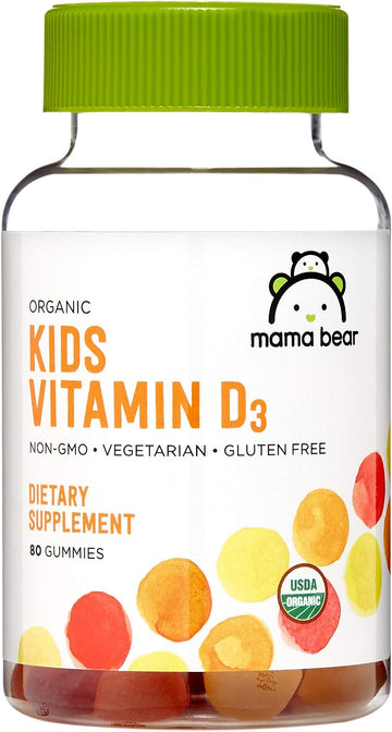 Mama Bear Organic Kids Vitamin D3 25 mcg (1000 IU) Gummies per serving, Bone and Immune Health, Strawberry, 80 Count