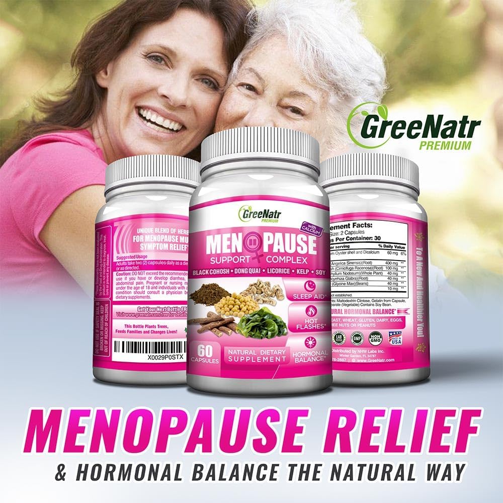 GreeNatr Herbal Menopause Support Complex for Hot Flashes, Night Sweats & Mood Swings Relief. Promotes Balanced Hormone Levels - Black Cohosh, Dong Quai, Licorice Root & Kelp Leaves (12 Bottles) : Health & Household