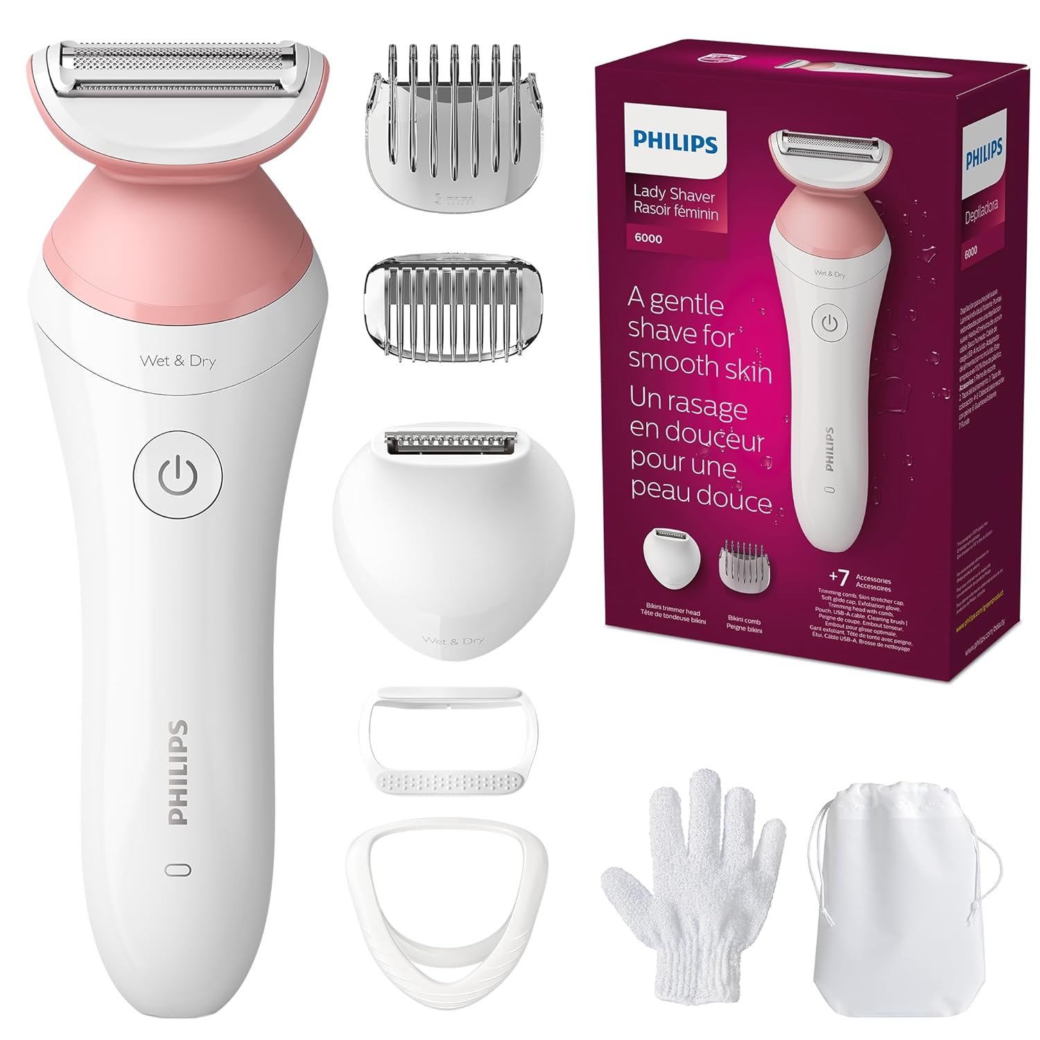 Philips Beauty Lady Electric Shaver Series 6000, Cordless With 7 Accessories, Brl146/00, White