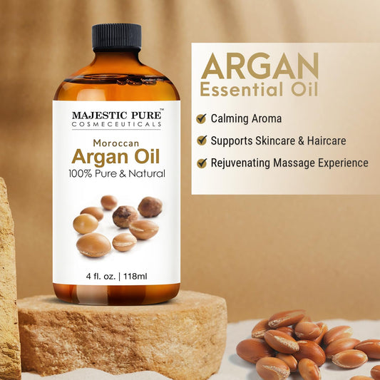 Majestic Pure Moroccan Argan Essential Oil | 100% Pure And Natural Argan Oil | Premium Grade Essential Oils For Hair Care, Home Diffusers, Skin, Aromatherapy, Massage And Humidifiers | 4 Fl Oz
