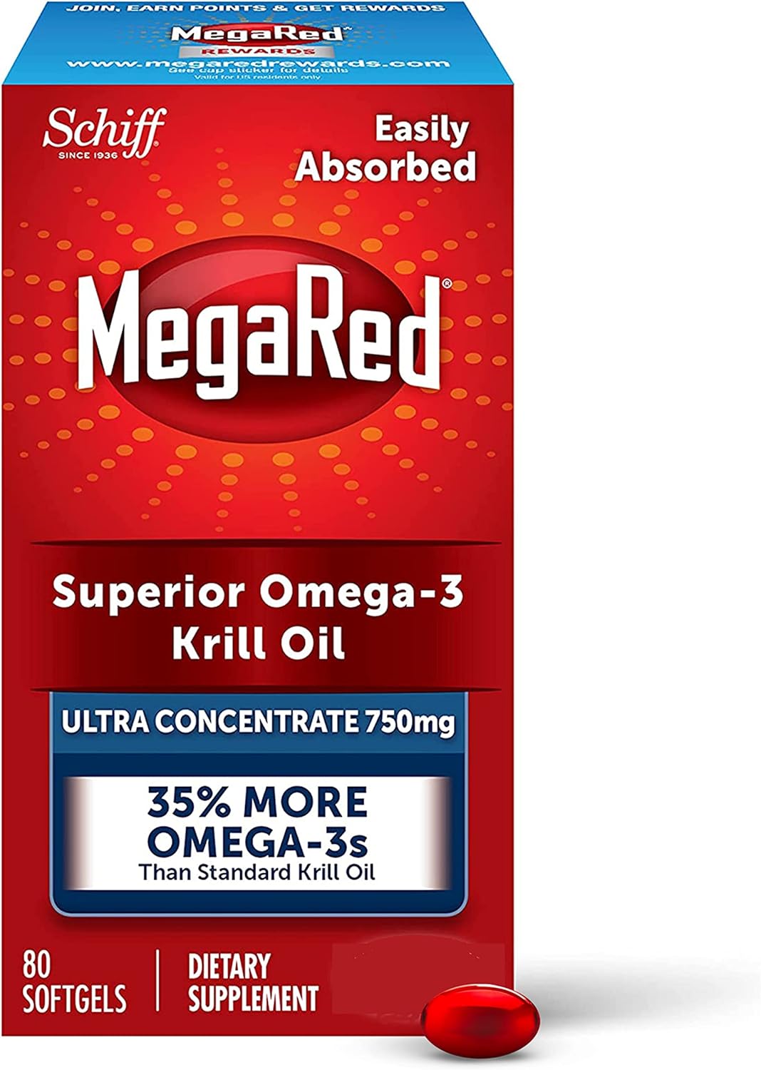 Megared Ultra Strength Krill Oil Omega 3 Supplement, 750mg – EPA & DHA Antioxidant Astaxanthin for Heart Health, 80 Softgels, No Fish Aftertaste