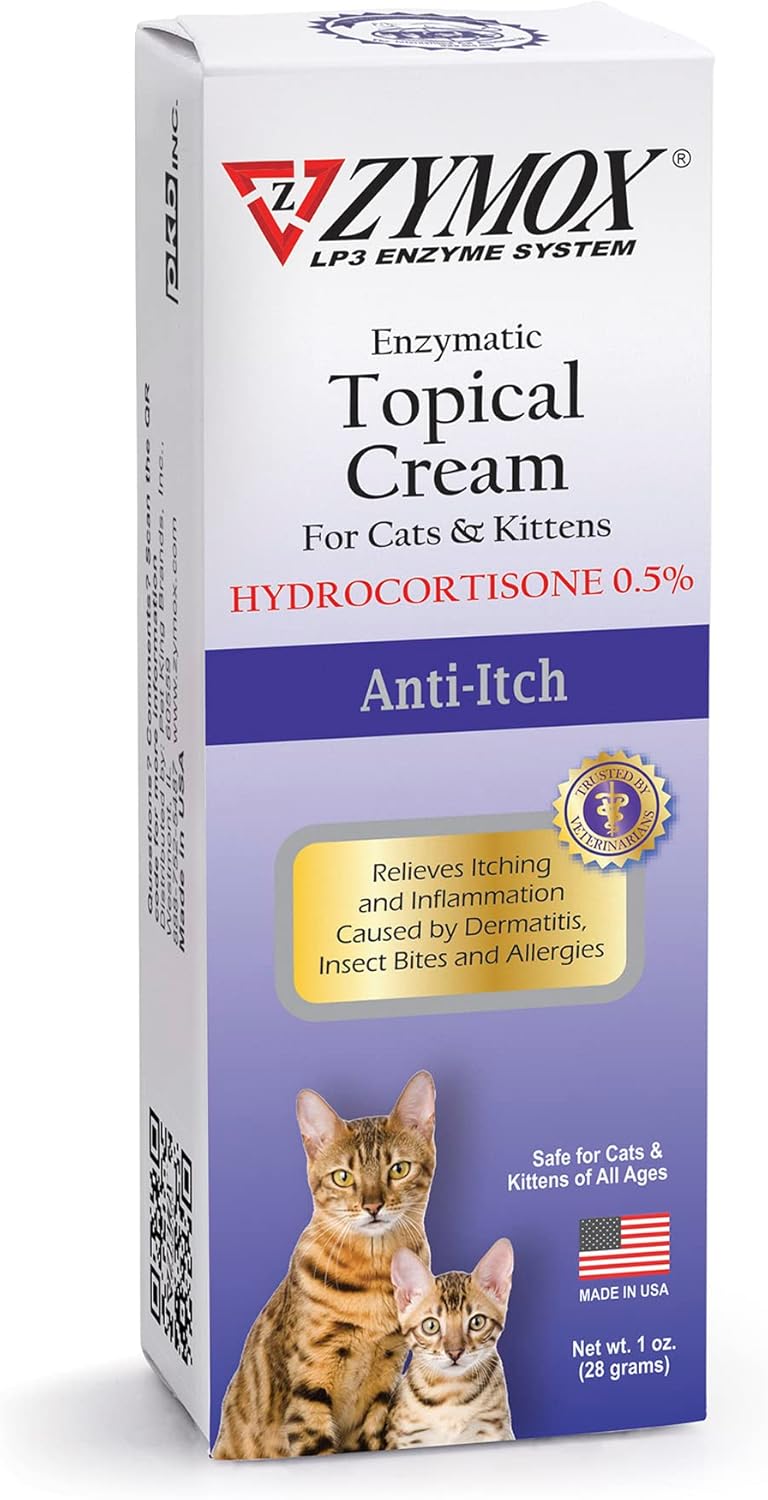 Zymox Enzymatic Anti-Itch Topical Cream With 0.5% Hydrocortisone For Cats & Kittens, 1 Oz. – Multi-Purpose Cream For Hot Spots, Itchiness, Rashes, Skin Irritation, Allergies & Insect Bites