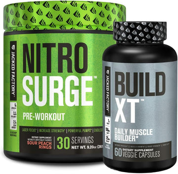 Jacked Factory Nitrosurge Pre-Workout In Sour Peach Rings & Build Xt Muscle Building Bundle For Men & Women