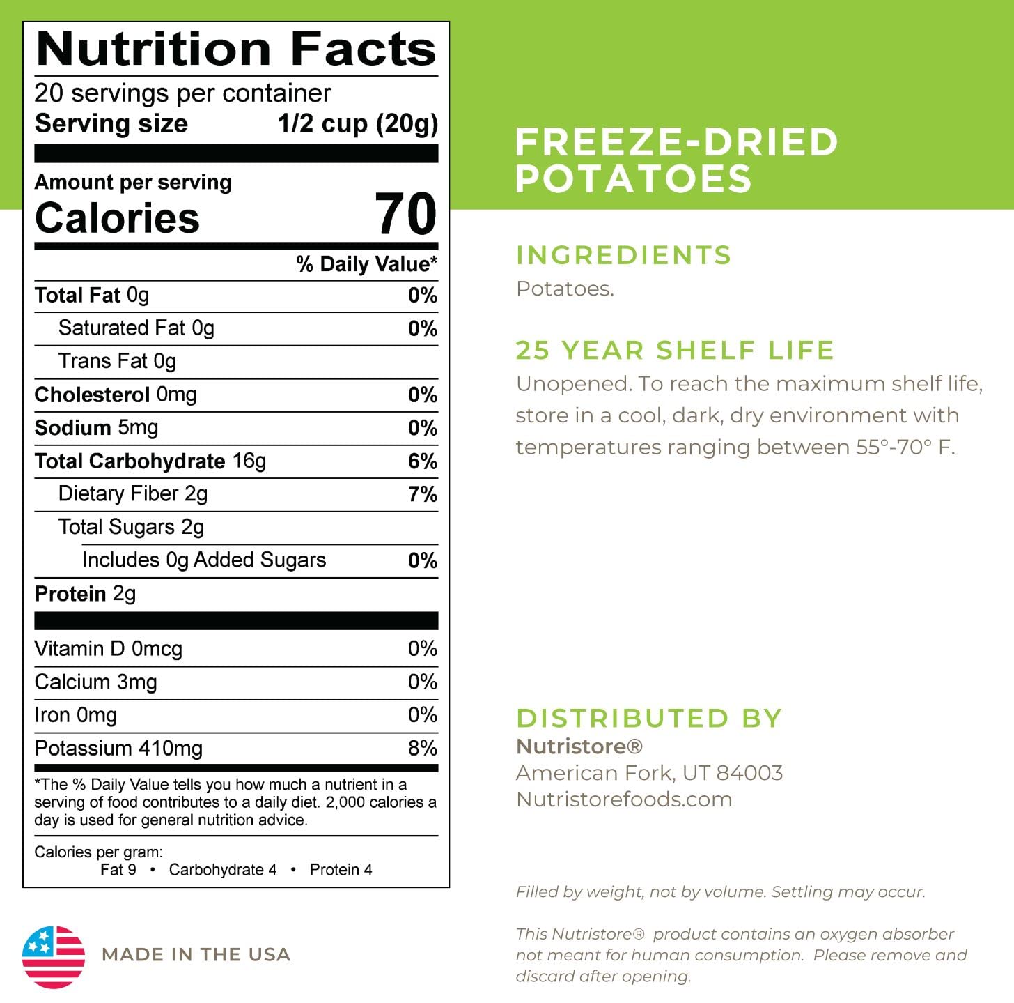 Nutristore Freeze Dried Potatoes | Premium Vegetables for Long Term Storage, Camping Meals or Recipes | Emergency Survival Canned Food Supply | Bulk #10 Can Veggies | 25 Year Shelf Life | 20 Servings : Sports & Outdoors
