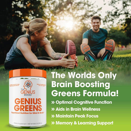 Genius Super Greens Superfood Powder, Nootropic Supplement - Organic Spirulina Powder With Lions Mane, Kale, Spinach & Antioxidants - Juice & Smoothie Mix For Energy, Immunity & Gut Health