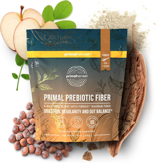 Primal Harvest Prebiotic Fiber Powder Unflavored, 30 Servings 5 In 1 Daily Supplement With Organic Acacia And Fibriss Organic Baobab Powder