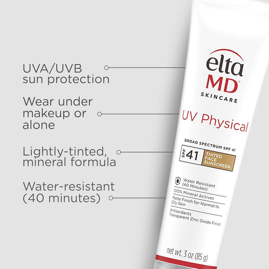 Eltamd Uv Physical Tinted Sunscreen For Face, Spf 41 Tinted Sunscreen, 100% Mineral Active Sunscreen, 3.0 Oz Tube