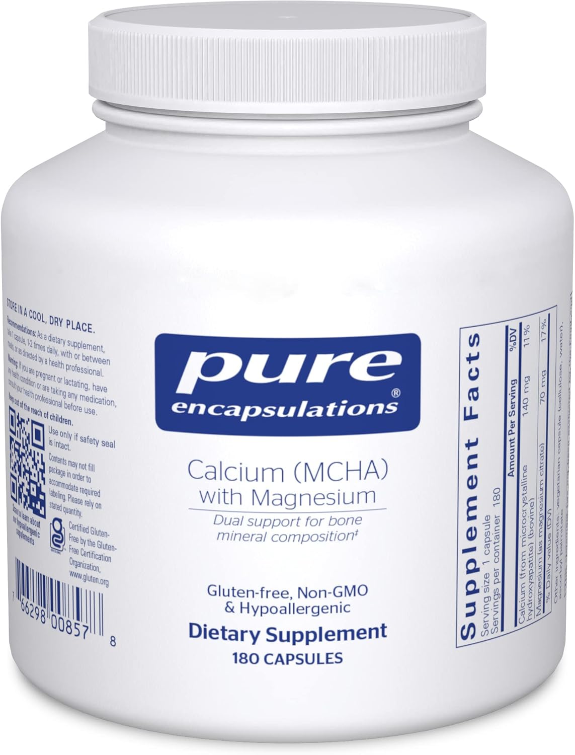 Pure Encapsulations Calcium Mcha With Magnesium | Hypoallergenic Dietary Supplement For Bone Support | 180 Capsules