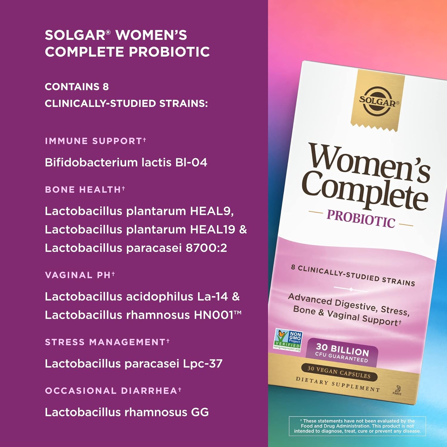 Solgar Women's Complete Probiotic, 30 Vegan Capsules - 30 Billion CFU - 8 Clinically-Studied Strains - Advanced Digestive, Stress, Bone & Vaginal Support - Non-GMO & Vegan, 30 Servings : Health & Household