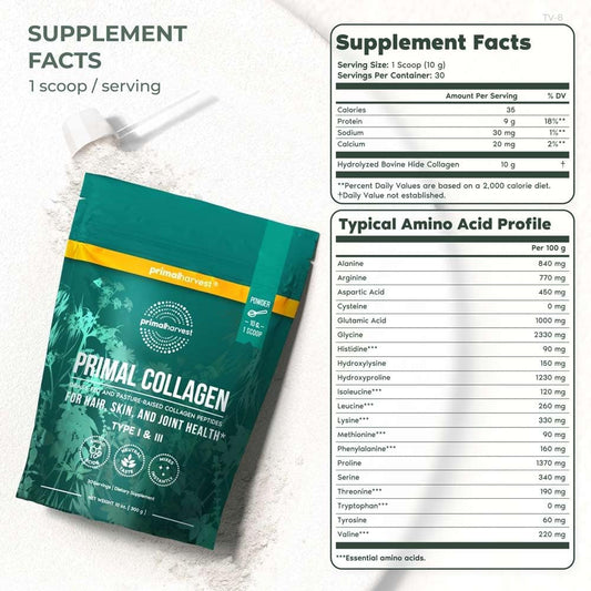 Primal Harvest Collagen Powder For Women Or Men Primal Collagen Peptides Powder Type I & Iii, 10 Oz Collagen Protein Powder For Hair, Skin, Nails (Single, Original)