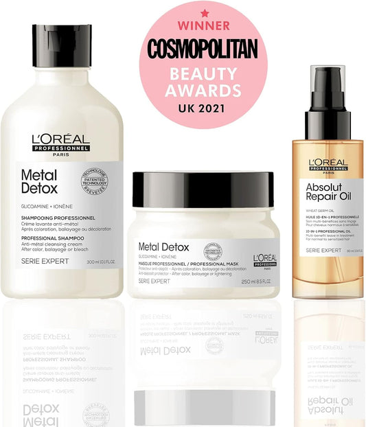 L’Oréal Professionnel Serie Expert Detox And Hydrate Routine For Damaged Hair, Metal Detox Shampoo, Mask With Absolut Repair Leave-In Oil, 300 Ml, 250 Ml And 90 Ml, Bundle Set