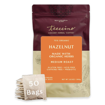 Teeccino Hazelnut Roasted Herbal Tea - Caffeine Free, Prebiotic, 3X More Herbs - 50 Tagless Eco-Friendly Tea Bags