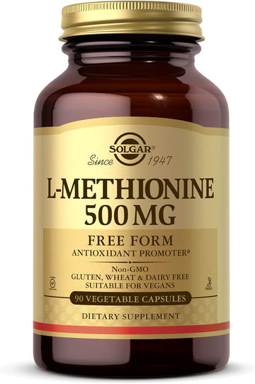 Solgar L-Methionine 500 mg, 90 Vegetable Capsules - Antioxidant Promoter - Supports Fat Metabolism - Vegan, Gluten Free, Dairy Free, Kosher - 90 Servings : Health & Household