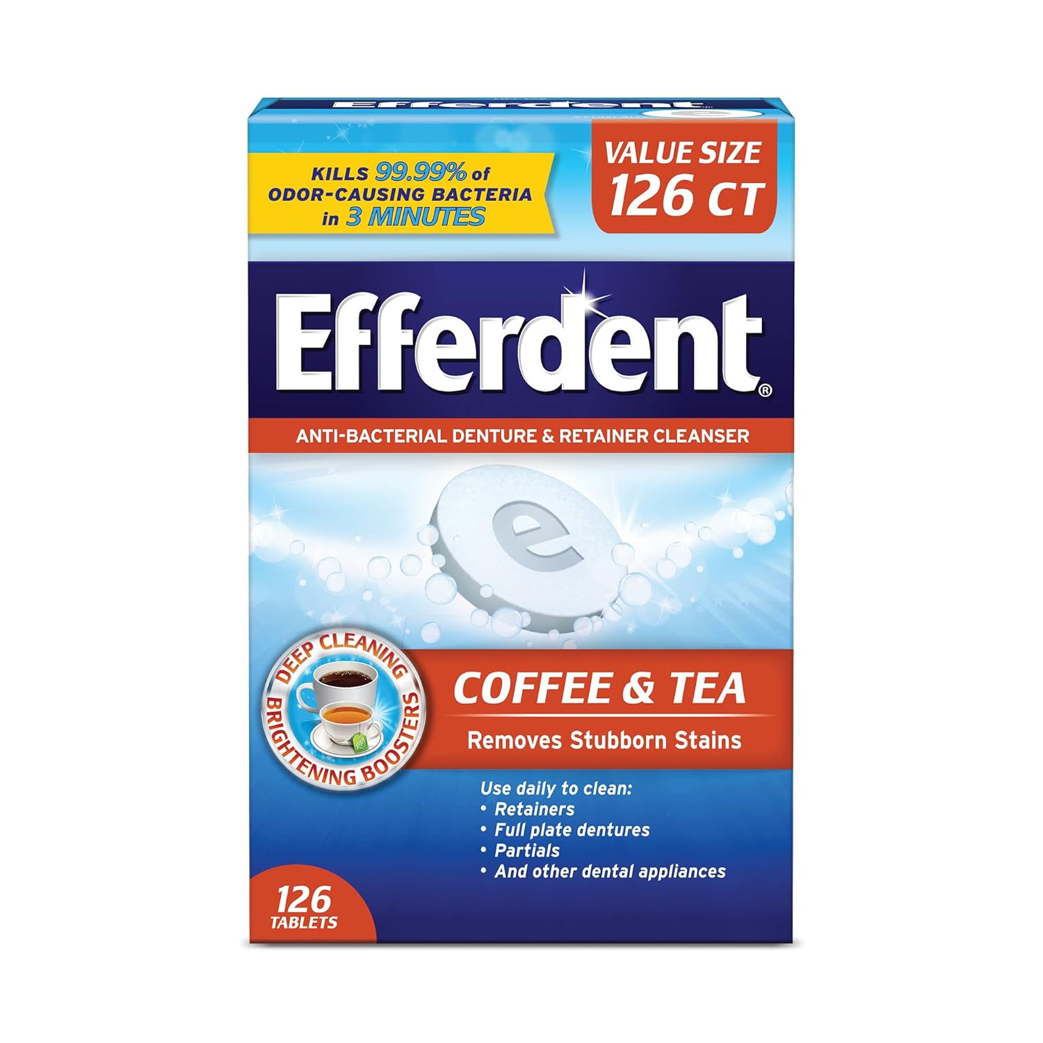 Efferdent Retainer & Denture Cleaner Tablets, Coffee & Tea, 126 Count