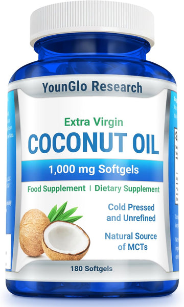 YounGlo Research Coconut Oil 1000 mg 100% Cold-Pressed Organic Extra Virgin Coconut Oil 180 Vegan Softgel Capsules Keto-Friendly Dietary Supplement Support for Hair, Nails & Skin Health