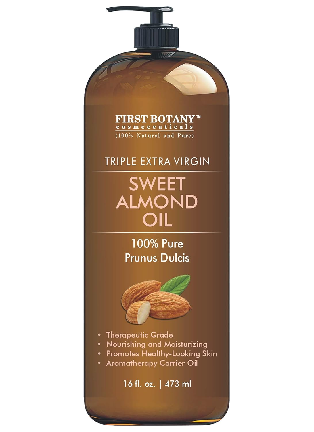 First Botany Cosmeceuticals, Cold Pressed Sweet Almond Oil - Triple Aaa+ Grade Quality, For Hair, For Skin And For Face, 100% Pure And Natural With Pump Dispenser, 16 Fl Oz