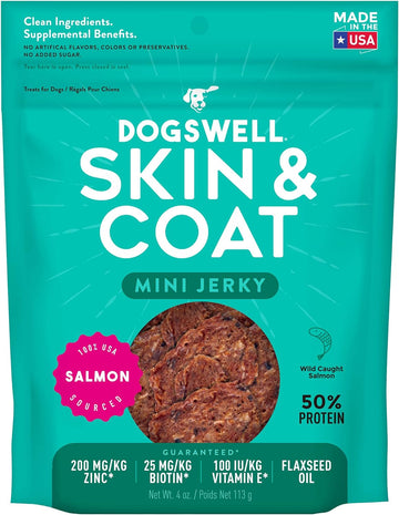 Dogswell Jerky Skin and Coat – Mini Salmon Jerky Dog Treats with Dog Skin & Coat Support (4 oz. Salmon)