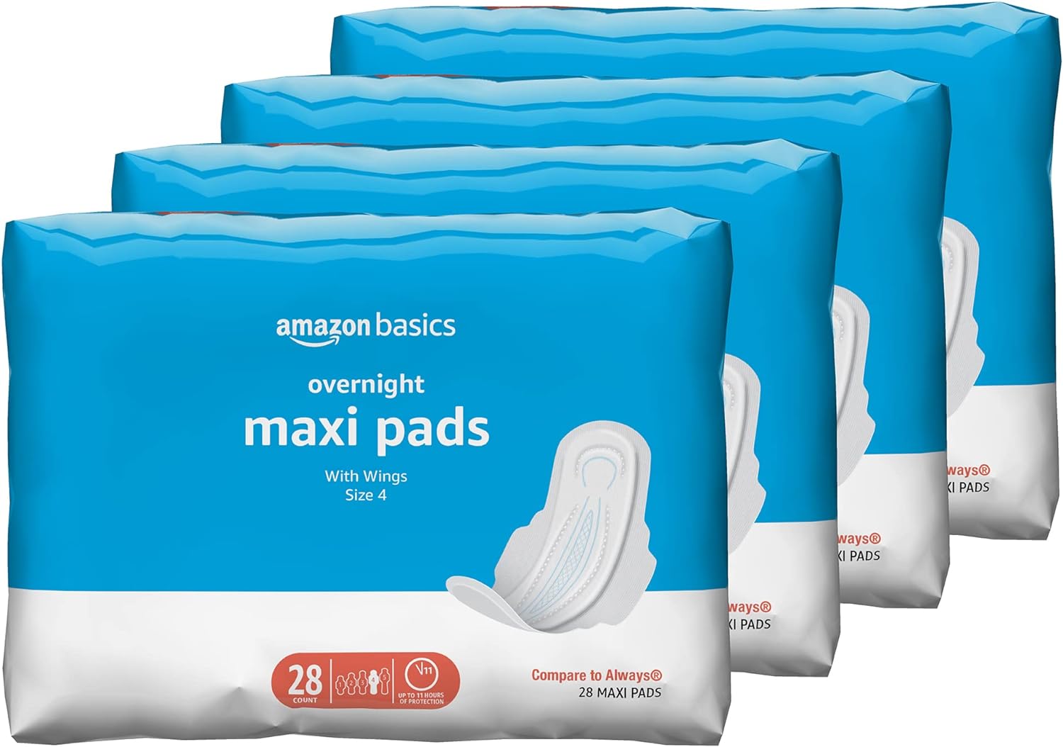 Amazon Basics Thick Maxi Pads with Flexi-Wings for Periods, Overnight Absorbency, Unscented, Size 4, 112 Count (4 Packs of 28) (Previously Solimo)