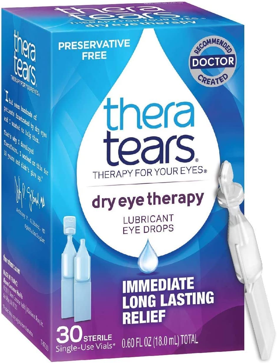 TheraTears Dry Eye Therapy Lubricating Eye Drops for Dry Eyes, Preservative Free eye drops, 30 Single-Use Vials