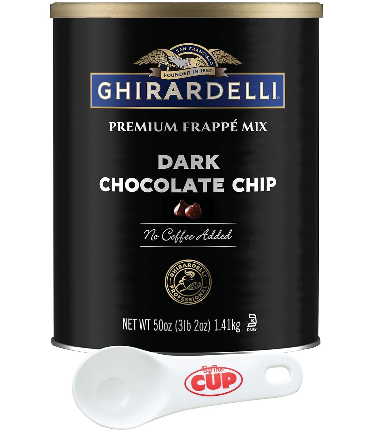 Ghirardelli Premium Frappe Mix Dark Chocolate Chip 50 oz Can (Pack of 1) with By The Cup Cocoa Spoon