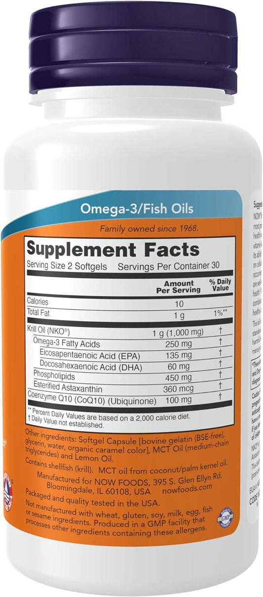 NOW Supplements, Krill & CoQ10, Phospholipid-Bound Omega-3, Heart Support*, 60 Softgels