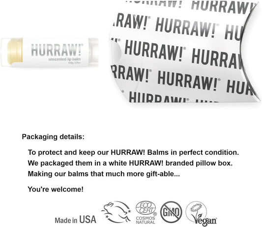 Hurraw! Unscented Lip Balm: Organic, Certified Vegan, Cruelty And Gluten Free. Non-Gmo, 100% Natural Ingredients. Bee, Shea, Soy And Palm Free. Made In Usa
