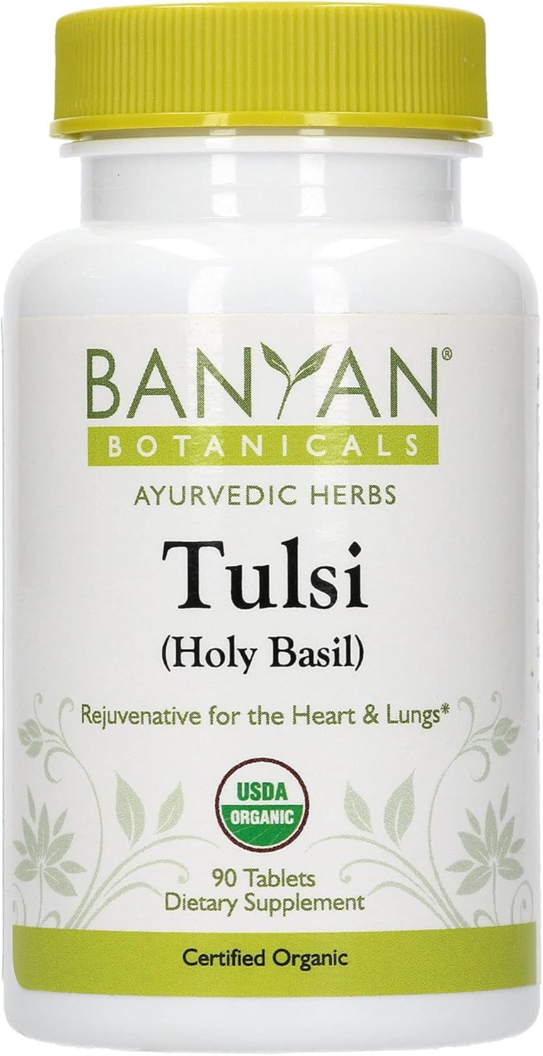 Banyan Botanicals Organic Tulsi, Holy Basil Tablets 90 ct - Adaptogen Supplement Promotes Optimal Function of The Lungs, Heart, & Digestion. Supports Stress Relief and Healthy Inammatory Response