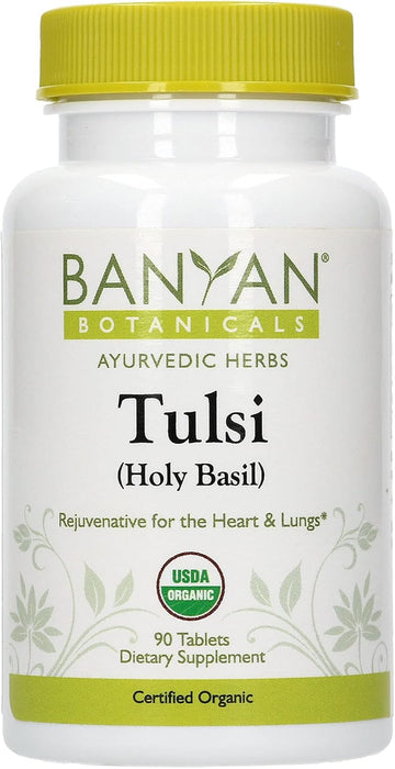 Banyan Botanicals Organic Tulsi, Holy Basil Tablets 90 ct - Adaptogen Supplement Promotes Optimal Function of The Lungs, Heart, & Digestion. Supports Stress Relief and Healthy Inammatory Response
