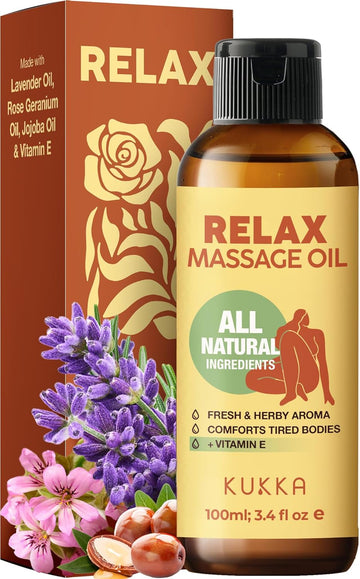 Kukka Relax Massage Oil For Massage Therapy - Spa Quality Warming Massage Oil - Body Oils For Women & Men - Infused With Lavender Oil, Jojoba Oil, Rose Geranium Oil & Vitamin E Oil - (3.38 Fl Oz)