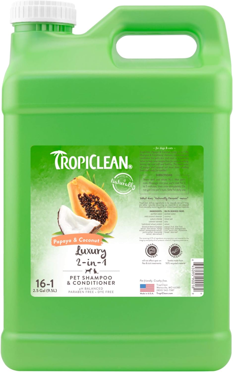 TropiClean 2-in-1 Papaya & Coconut Dog Shampoo and Conditioner | Natural Pet Shampoo Derived from Natural Ingredients | Cat Friendly | Made in the USA | 2.5 gallon