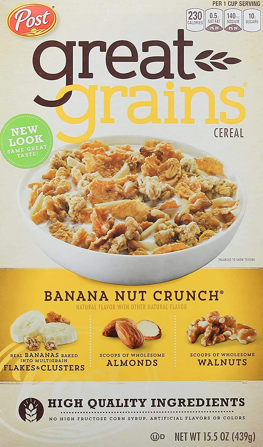 POST GREAT GRAINS BANANA NUT CRUNCH RTE CEREAL BANANA NUT CRUNCH FLAKE AND CLUSTER BOX 15.5 OUNCES 1