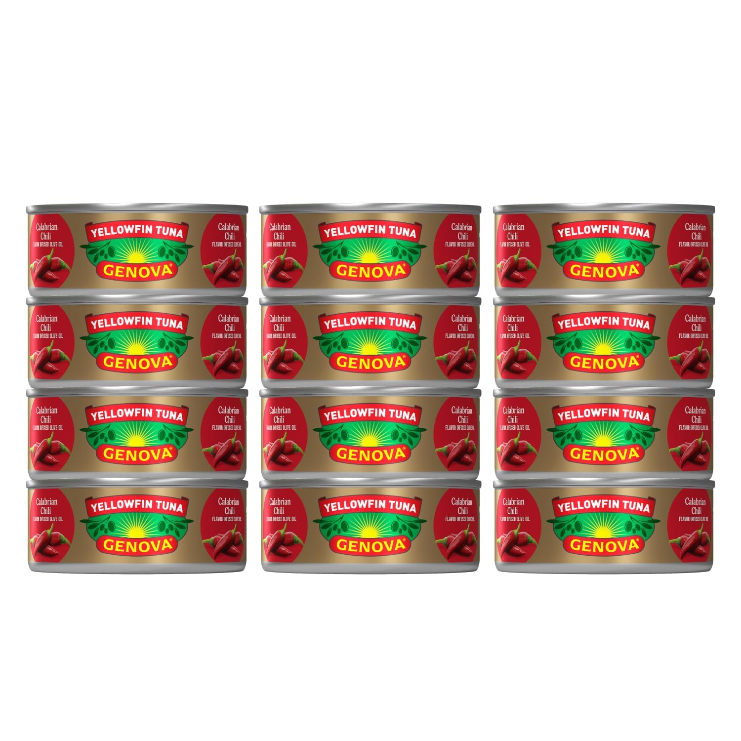 Genova Premium Yellowfin Tuna in Calabrian Chili Infused Olive Oil, Wild Caught, Solid Light, 5 oz. Can (Pack of 12)