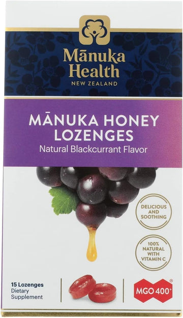 Manuka Health Manuka Honey Lozenges – 15 Blackcurrant Flavored Lozenges – Natural Throat Lozenges Infused With Raw Manuka Honey And Vitamin C For Immune Support