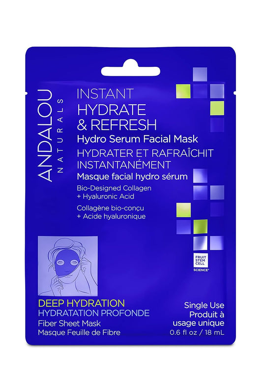 Andalou Naturals, Deep Hydration, Instant Hydrate & Refresh Sheet Mask, Single Face Mask, 0.6 oz each, 6 Count (Pack of 1)