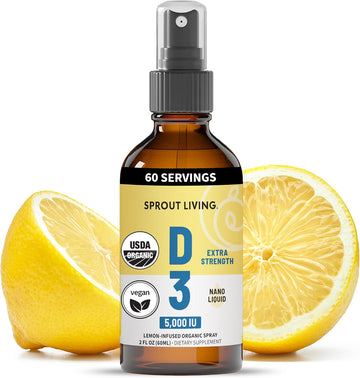 Sprout Living Organic Vitamin D3 5000 Iu (Lichen) Spray For Immune Support & Bone Health | Trace Minerals With Real Lemon & Citrus Extract, Sugar Free (2 Fl Oz, 60 Servings)