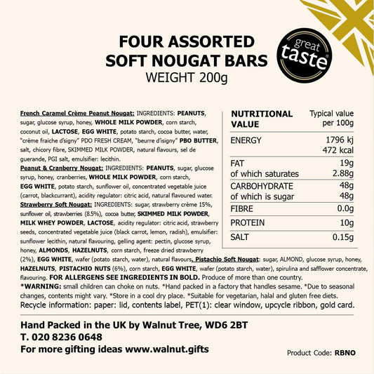 Walnut Tree – Honeyed Nougat Gift Box With Four Individually Wrapped Bars – Hand-Packed – Great Taste Award Winner – Suitable For Vegetarian And Gluten Free Diets – Luxury Gift Selection – 200G