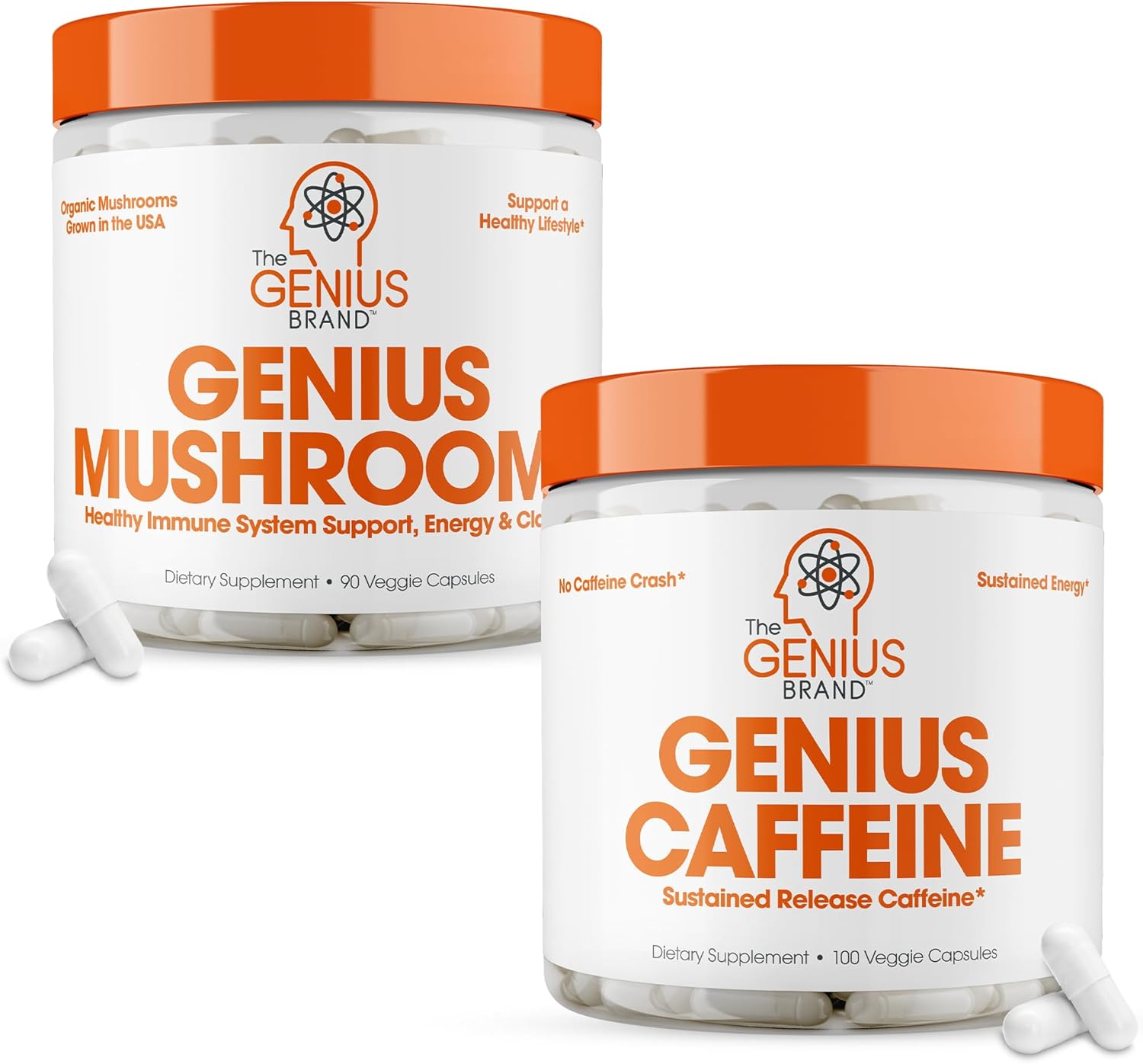 Genius Mushroom and Genius Caffeine Supplement Bundle - Lions Mane, Reishi and Cordyceps - Sustained Release Caffeine : Health & Household