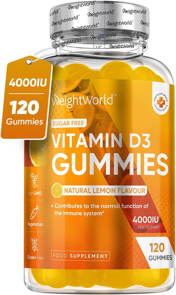 Vitamin D Gummies Adults 4000Iu - Sugar-Free - 4 Months Supply - Natural Lemon Flavour - 120 Chewable Vitamin D3 Gummies - Vegetarian Friendly - High Strength Vitamin D Supplement - Gmo & Gluten Free