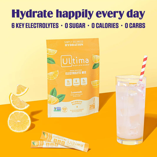 Ultima Replenisher Electrolyte Drink Mix Bundle – Lemonade, 30 Serving Canister & 20 Stickpacks – 6 Electrolytes & Minerals – Keto Friendly, Vegan, Non-Gmo & Sugar-Free Electrolyte Powder